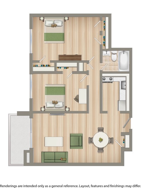 Floor plan for 2 beds, 1 bath, 708 sqft